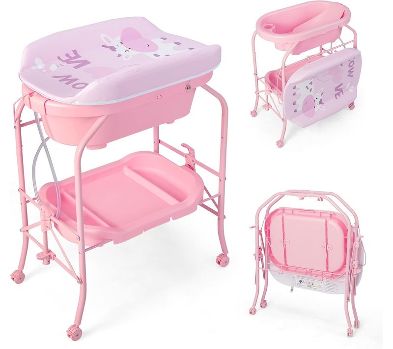 Table à Langer 2 En 1 Avec Baignoire 20l Plateau De Rangement, Commode à Langer Pliable (rose)