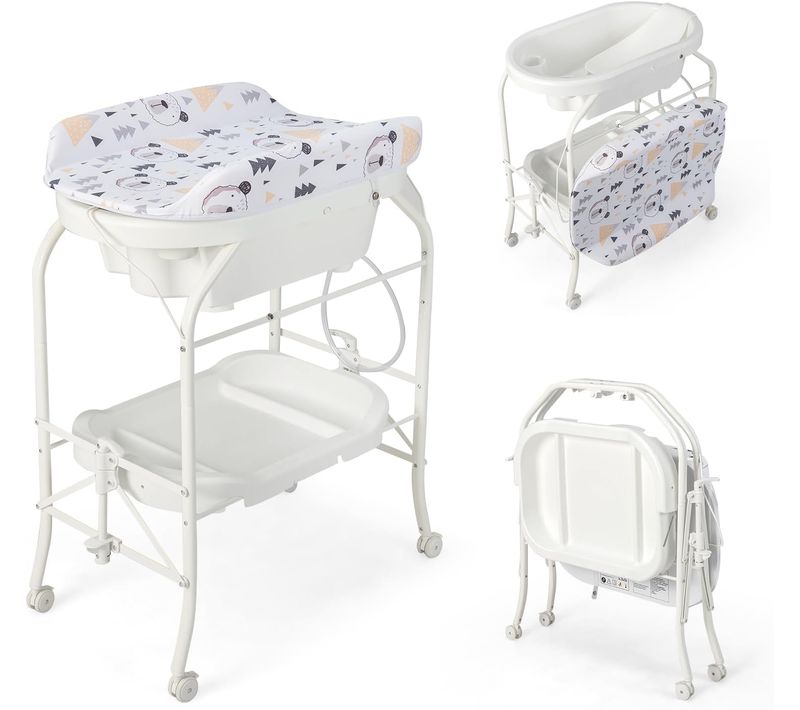 Table à Langer 2 En 1 Avec Baignoire 20l Plateau De Rangement, Commode à Langer Pliable (blanc)