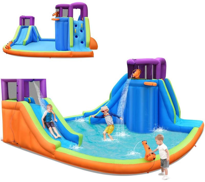 Château Gonflable Avec 2 Toboggans Et Grande Piscine,pour 3 Enfants De 3-10 Ans,multicolore
