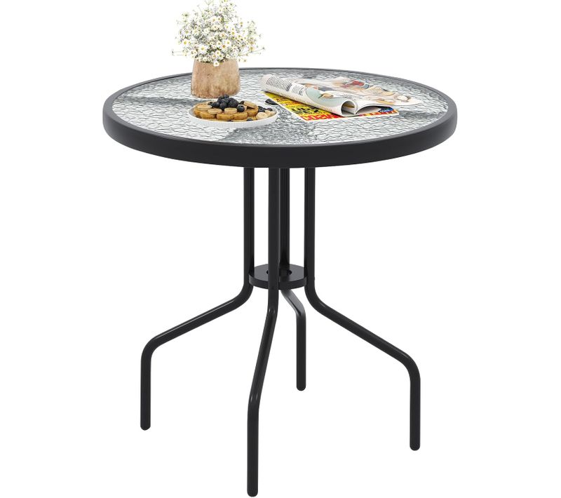 Table De Jardin Ronde 70 Cm, Table Basse De Patio En Verre Trempé Avec Cadre En Métal Robuste,noir