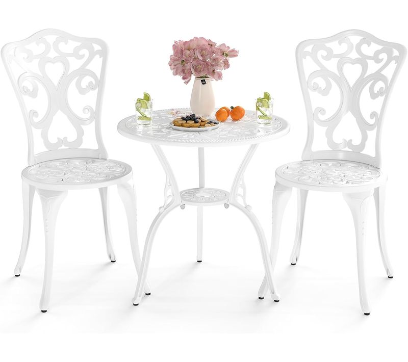 Salon De Jardin 3pcs En Fonte D’aluminium, Ensemble Bistro 2 Chaises Et 1 Table Ronde(blanc)