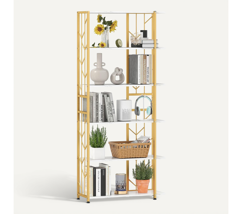 Bibliothèque à 6 Étagères, Style Moderne Géométrique Avec Cadre Métallique (Doré+ Blanc)