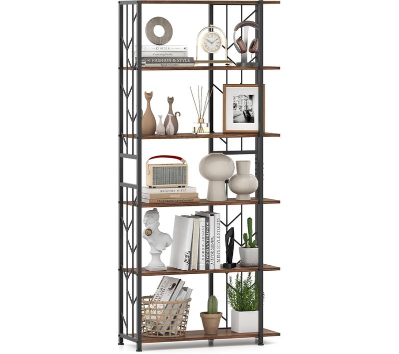 Bibliothèque à 6 Étagères, Style Moderne Géométrique Avec Cadre Métallique (marron Rustique+noir)
