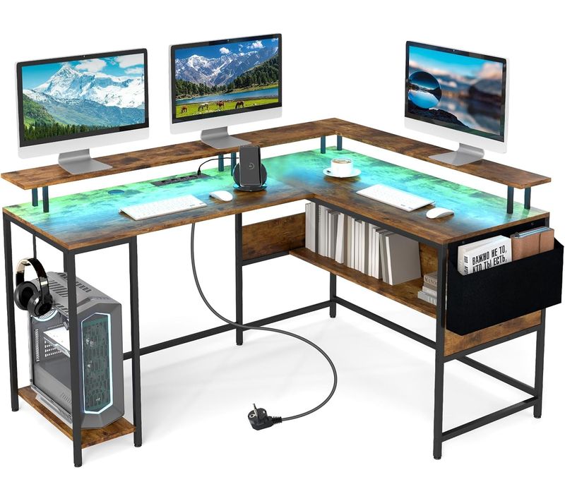 Bureau Gaming En Forme De L Avec Lumières LED Et Multiprise, Bureau D'ordinateur,marron Rustique