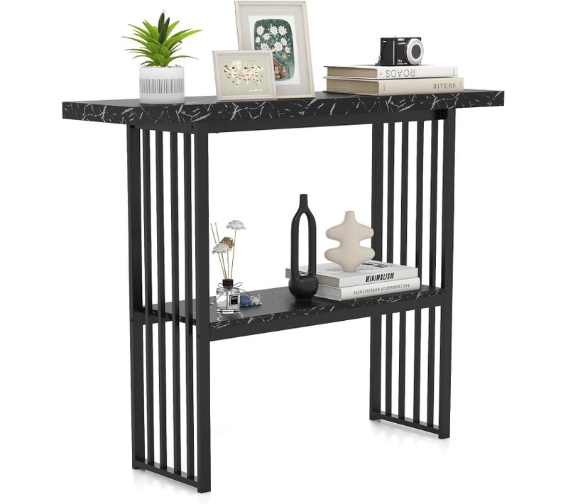 Table Console Marbre à 2 Niveaux Scandinave, Meuble D'entrée Doré Cadre En Métal (noir Marbre)