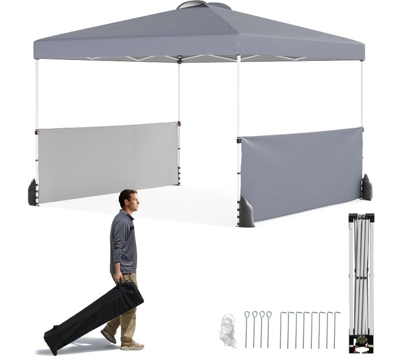 Tonnelle De Pliable 3x3m Avec 2 Demi-murs Latéraux, 8 Piquets 4 Ancrages, Cordes Et Sacs, Gris