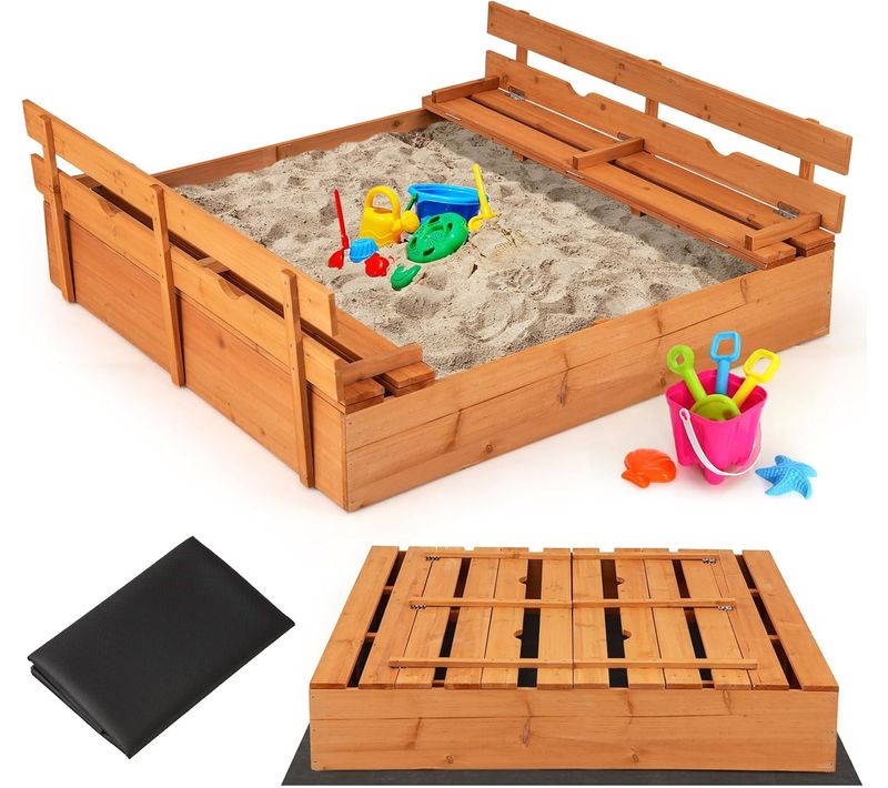 Bac à Sable En Bois Enfant Avec 2 Bancs Convertibles, Bac à Sable Extérieur ，18 Mois+