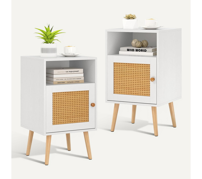 Lot De 2 Table De Chevet Avec Porte Cannage Et Pieds, Chevet De Lit Bohême, Table D'appoint, Blanc
