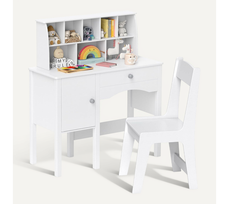 Bureau Avec Chaise et 8 Compartiments, Table Et Chaise Enfant En Bois Avec Tiroir et Cabinet,Blanc