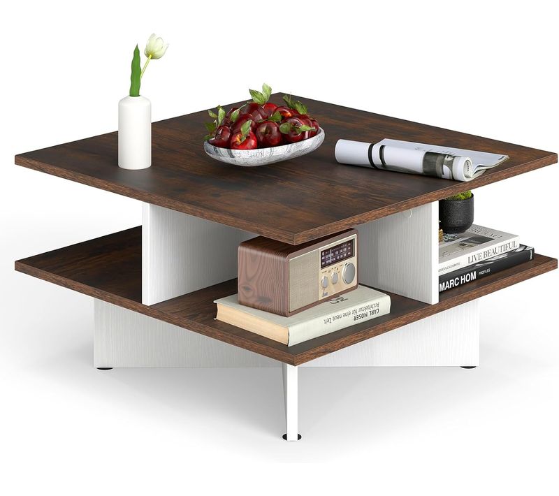 Table Basse Carrée à 2 Niveaux, 60 X 60 Cm, 4 Compartiments Ouverts, Marron Et Blanc