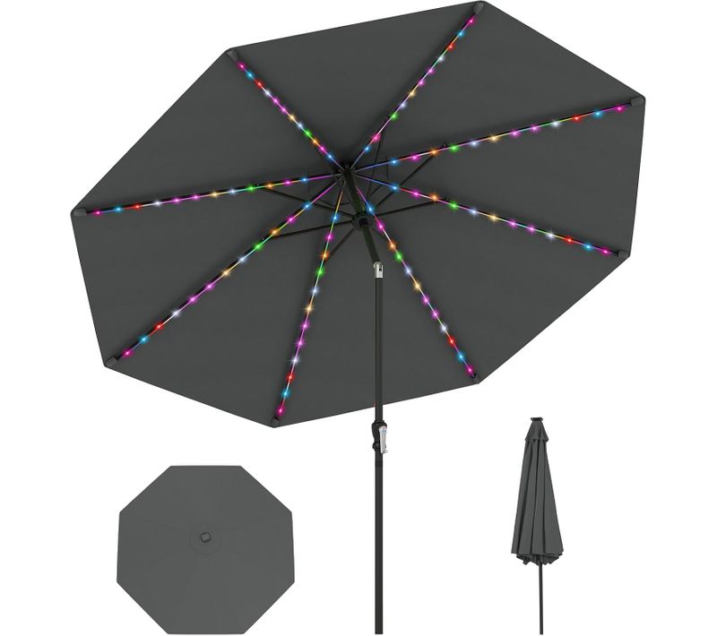 Parasol De Jardin Exterieur 300 Cm, 96 Lumières LED, 35° Inclinaison à Bouton-poussoir (gris)