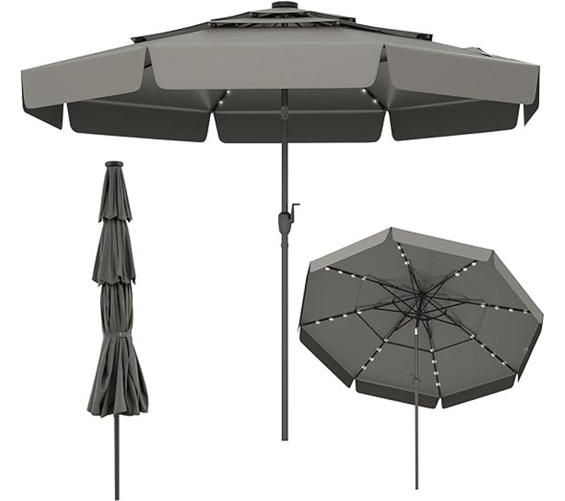 Parasol De Jardin Exterieur D.300 Cm, 32 Lumières LED, Toit Ventilé à 3 Niveaux, Gris