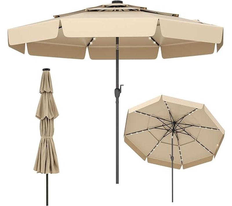 Parasol De Jardin Exterieur D.300 Cm, 32 Lumières LED, Toit Ventilé à 3 Niveaux, Beige