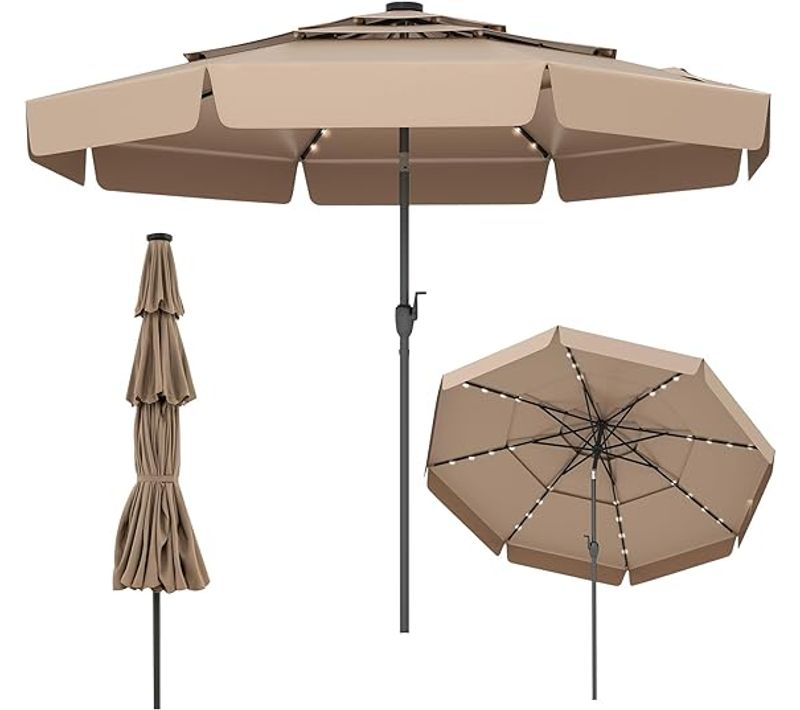 Parasol De Jardin Exterieur Ø300 Cm, 32 Lumières LED, Toit Ventilé à 3 Niveaux, Parasol Balcon, Brun