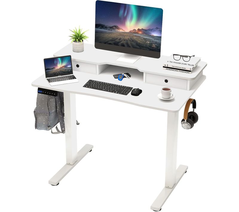Bureau Assis-debout Electrique 100x60 Cm,avec 2 Tiroirs,réglable En Hauteur,support D'ecran(blanc)