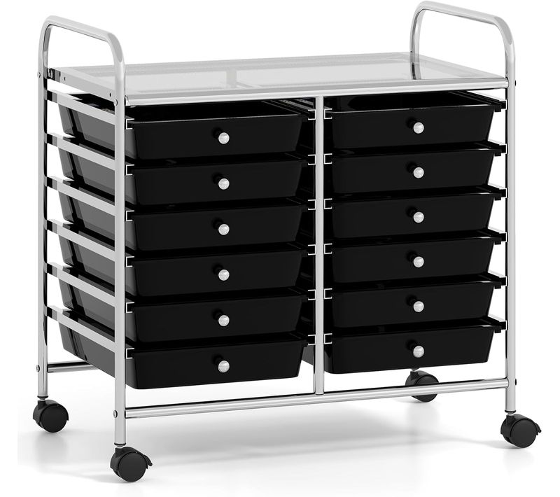Chariot De Rangement à Roulettes 12 Tiroirs En Pp, Roues Universelles, Cadre En Métal (noir)