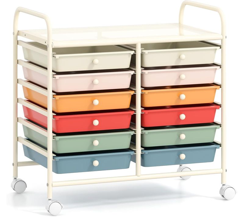 Chariot De Rangement à Roulettes 12 Tiroirs En Pp, Tour De Rangement Avec Tablette, (macaron)