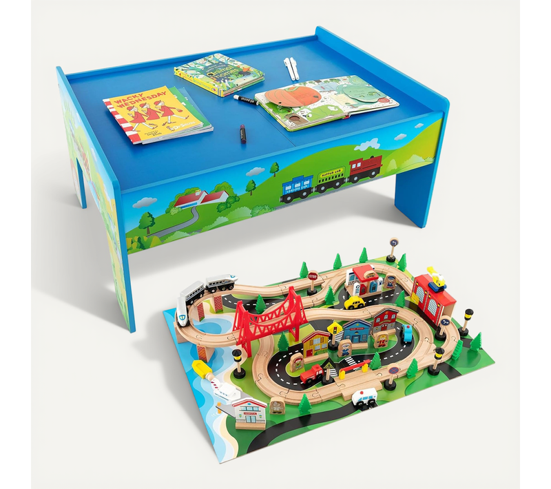 Table Circuit De Train En Bois Avec Plateau Réversible,coins Arrondis, 3 Ans+