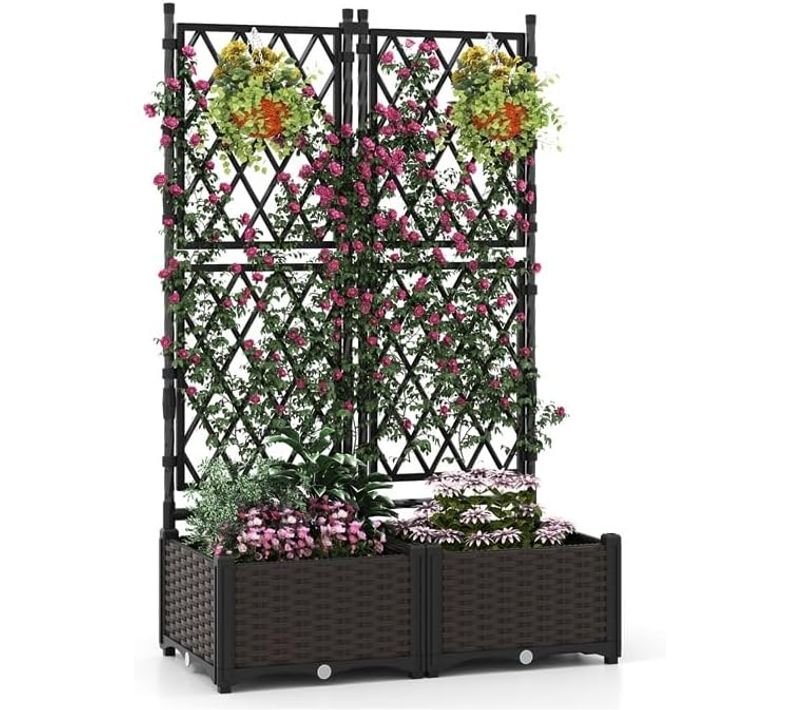 Jardinière Avec Treillis Sur Pied, Double Bac à Fleur Auto-arrosage En Rotin Pp  (80 X 40 X 126 Cm)