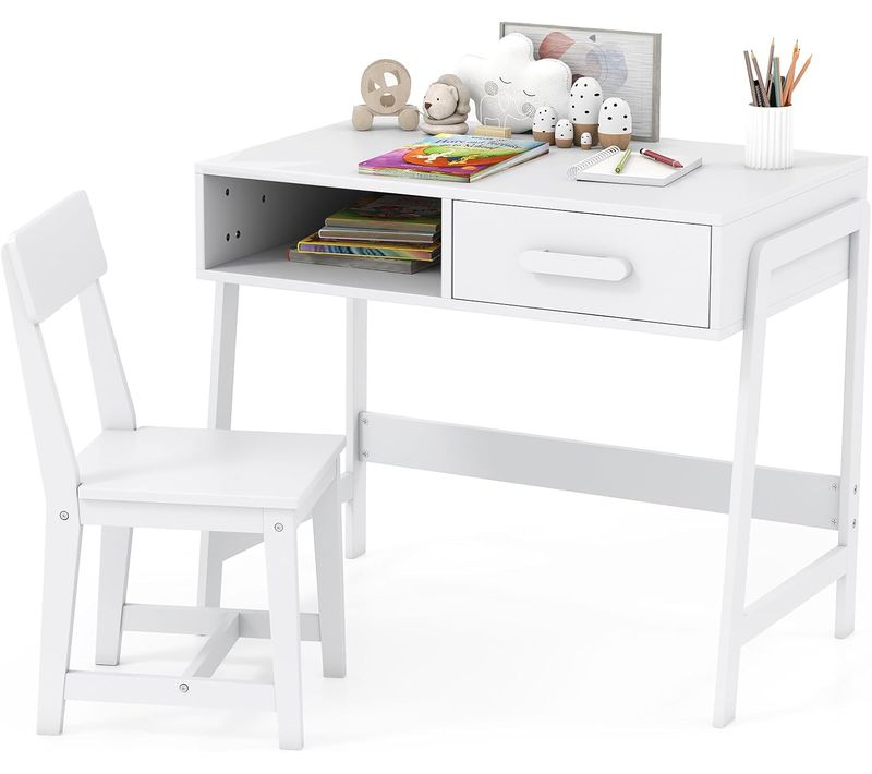 Bureau Enfant En Bois De Pin Avec Chaise Et Grand Tiroir Et Étagère De Rangement