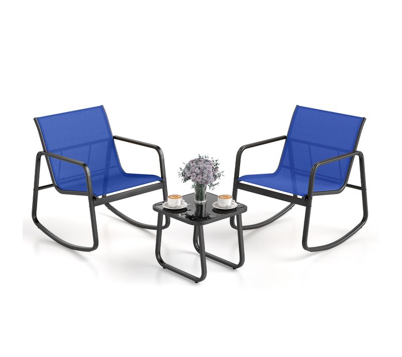 Salon De Jardin 3 Pièces Avec Chaises à Bascule Table En Verre, Ensemble De Meuble Extérieur (bleu)