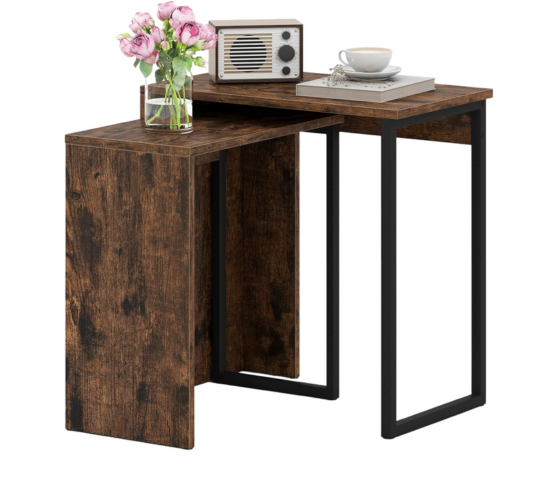 Lot De 2 Tables Basses Gigognes, Table D'appoint Bois, Cadres Métalliques, Brun Rustique