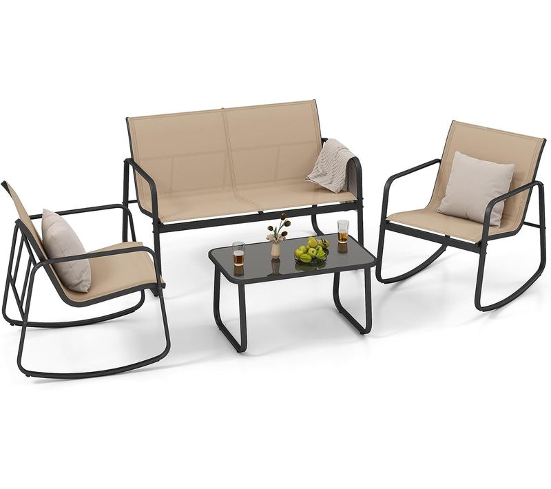 Salon De Jardin 4 Pièces Avec Chaises à Bascule Table En Verre Et Causeuse, Charge 150kg(marron)