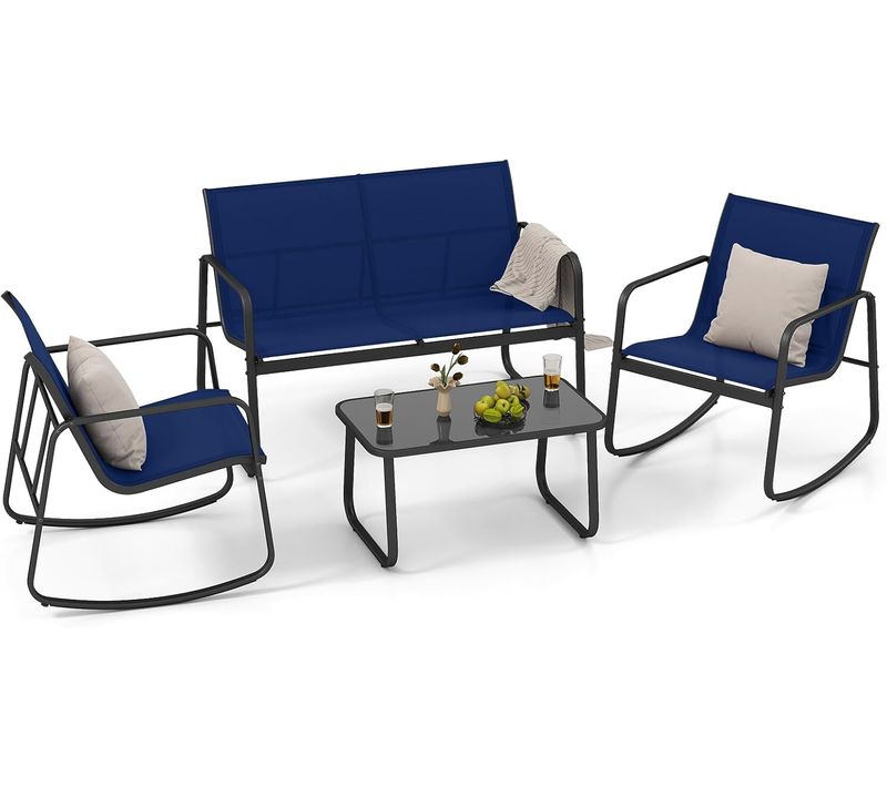 Salon De Jardin 4 Pièces Avec Chaises à Bascule Table En Verre, Cadre Métallique