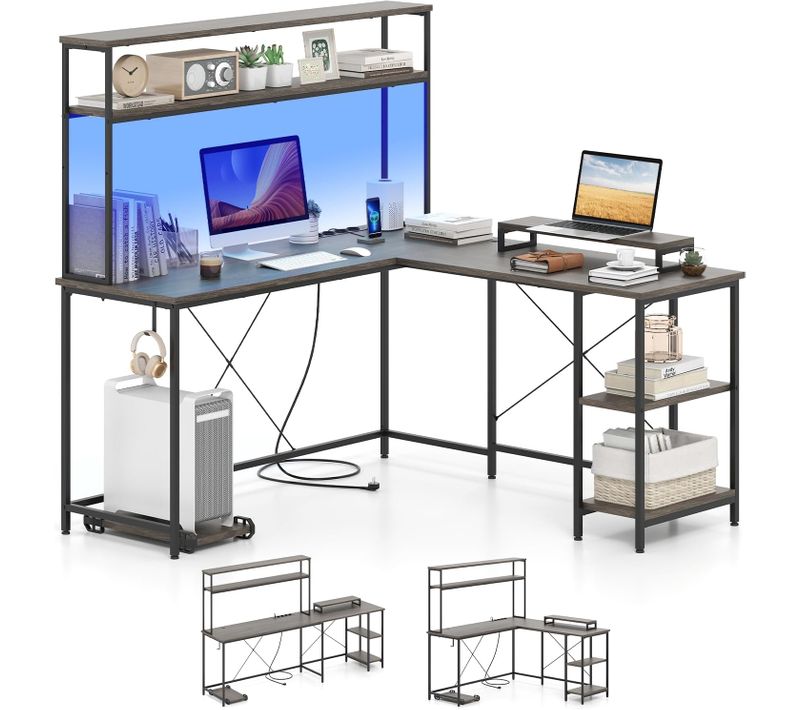 Bureau D'angle En L 145 X145 Cm, Bureau Gaming Avec LED Reversible, Bureau D'ordinateur (anthracite)