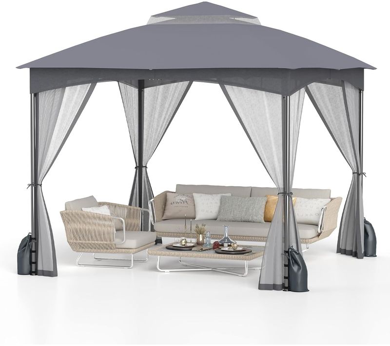Tonnelle De Jardin 300 X 300 Cm Avec Parois En Filet,avec Double Toit Structure,gris