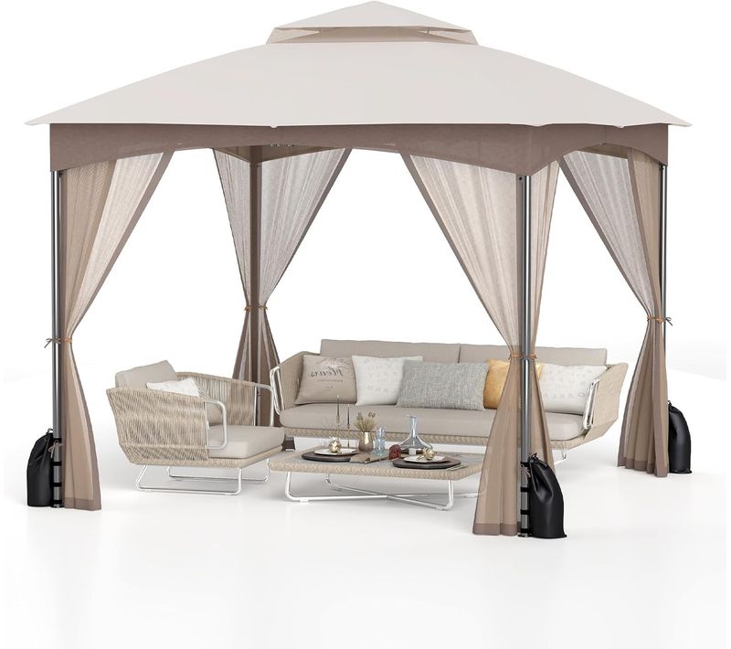 Tonnelle De Jardin 300 X 300 Cm Avec Parois En Filet, Structure En Métal 4 Sacs De Sable (kaki)
