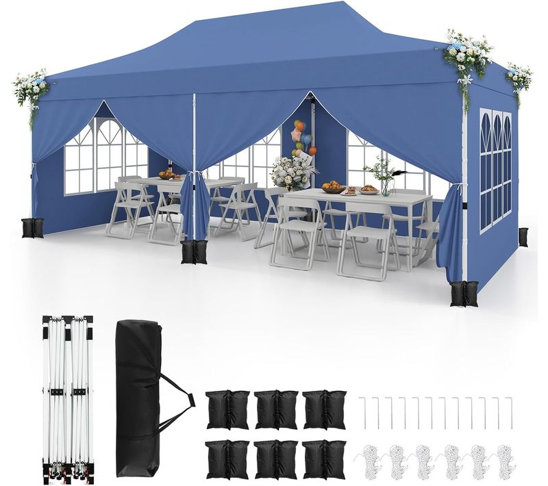 Tonnelle De Jardin 3x6m Avec 6 Parois Latérales Amovibles, Escamotable, 6 Sacs De Sable (bleu)