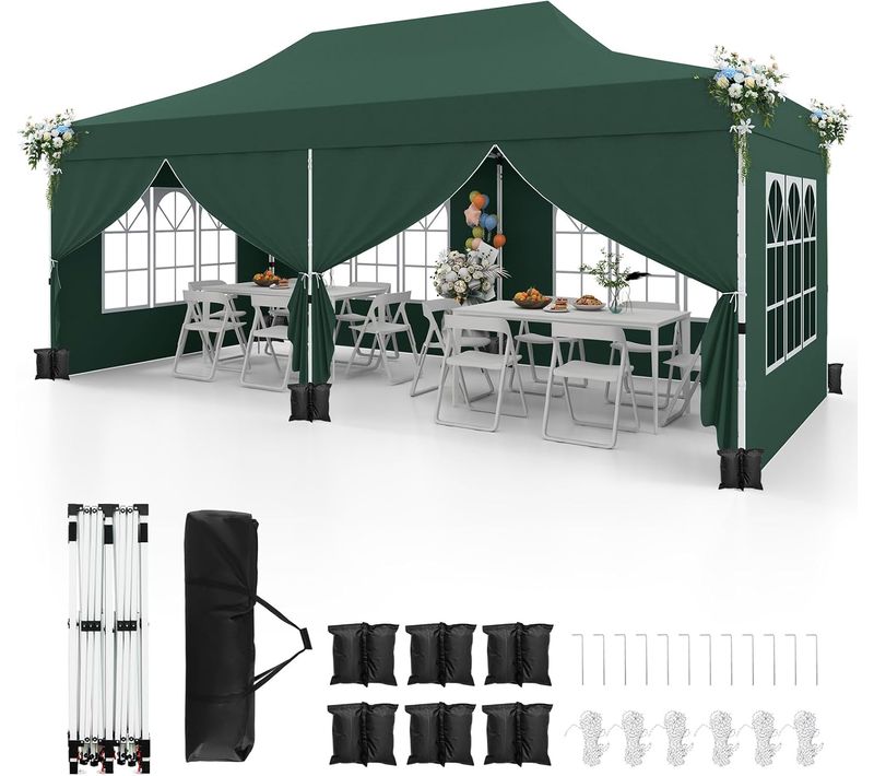 Tonnelle De Jardin 3x6m Avec 6 Parois Latérales Amovibles, Escamotable, 6 Sacs De Sable (vert)