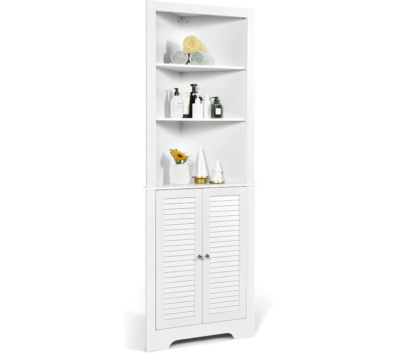 Armoire D'angle Pour Salle De Bain Avec 3 Etagères Ouvertes Et 1 Portes Volets, Blanc
