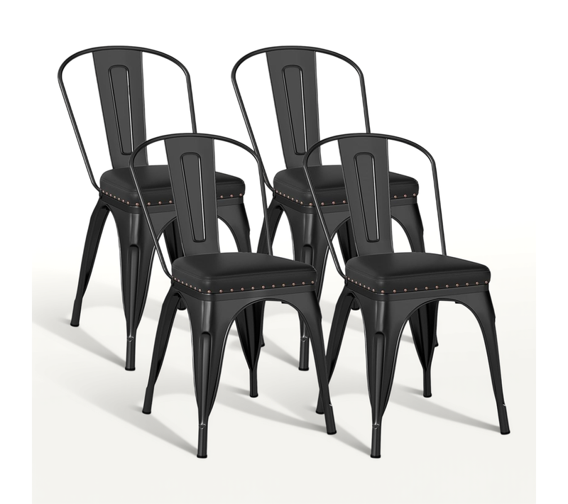 Lot de 4 chaises Empilable Industriel En Métal, 54.5 X 44 X 84 Cm Pour Bistrot, Noir