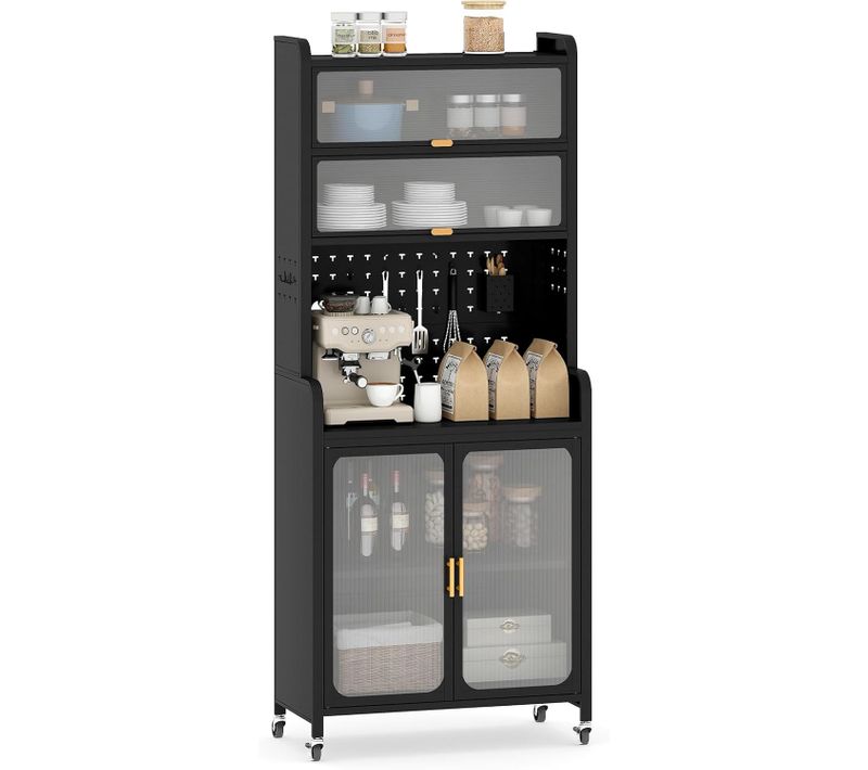 Armoire Cuisine, Meuble Bar En Métal 192 Cm, Grand Plan De Travail, Étagère Réglable,buffet, Noir