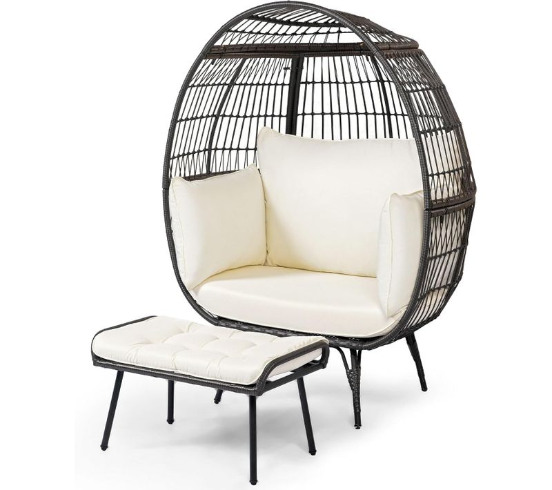 Fauteuil Oeuf Sur Pied Avec Ottoman, Chaise 2 Pièces Avec Coussins Doux Cadre Métallique