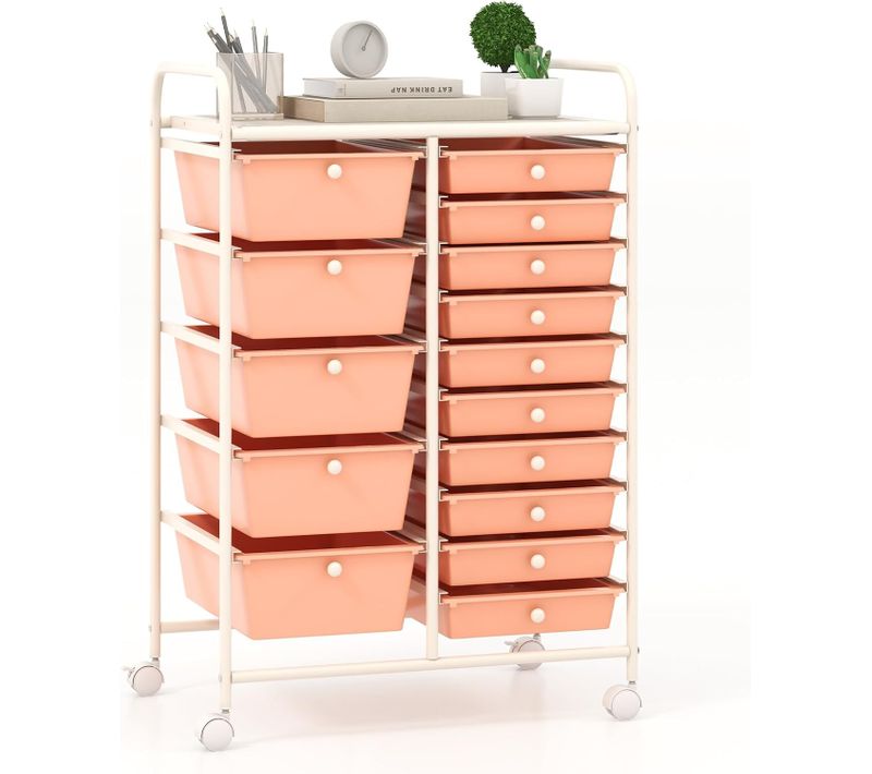 Chariot De Rangement à Roulette 15 Tiroirs En Pp, Cadre En Métal, 63x37x87cm (rose Pêche)