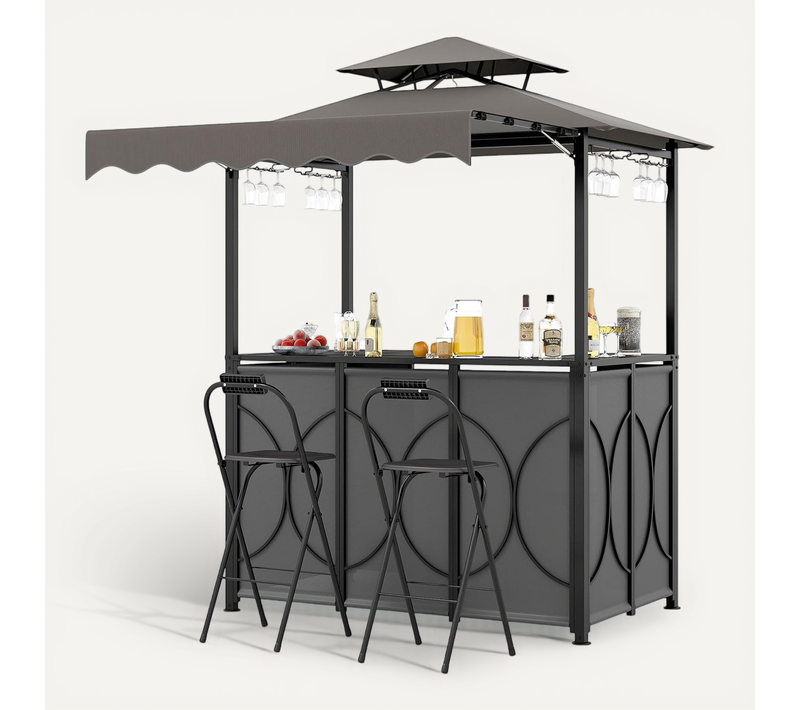 Tonnelle De Barbecue 3 Pièces Extérieur Avec 2 Chaises Pliables Auvent, Table De Bar (gris)