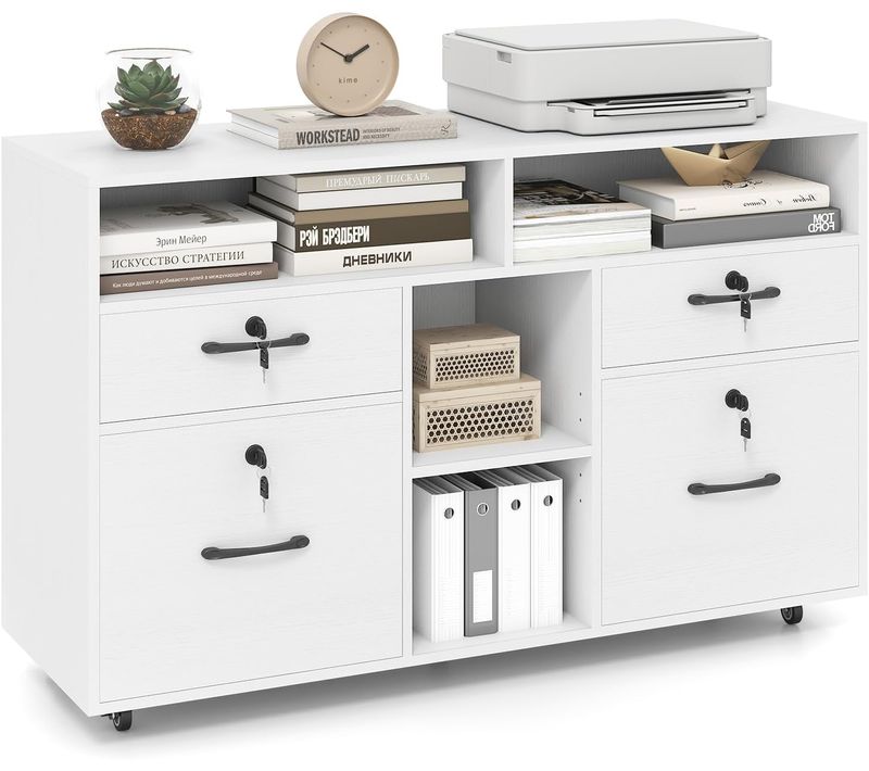 Caisson Bureau Avec à Roulette, Tiroirs Verrouillables, Barre De Suspension Réglables (blanc)