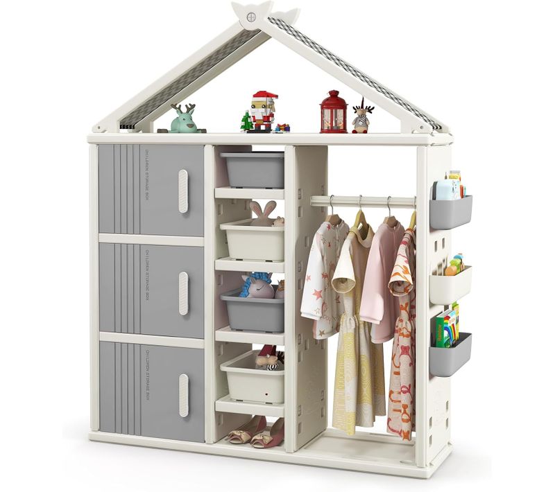 Armoire à Vêtements Enfant En Hdpe Avec Tige De Suspension Et Étagères Et Cubes Et Bacs (gris)
