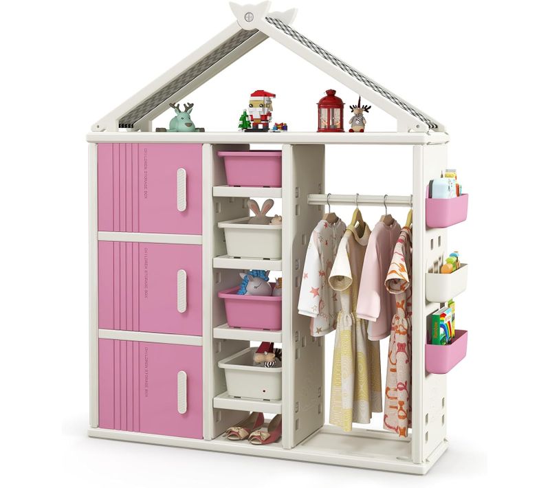 Armoire à Vêtements Enfant En Hdpe Avec Tige De Suspension Et Étagères Et Cubes Et Bacs (rose)