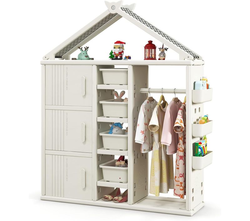 Armoire à Vêtements Enfant En Hdpe Avec Tige De Suspension Et Étagères Et Cubes Et Bacs (blanc)