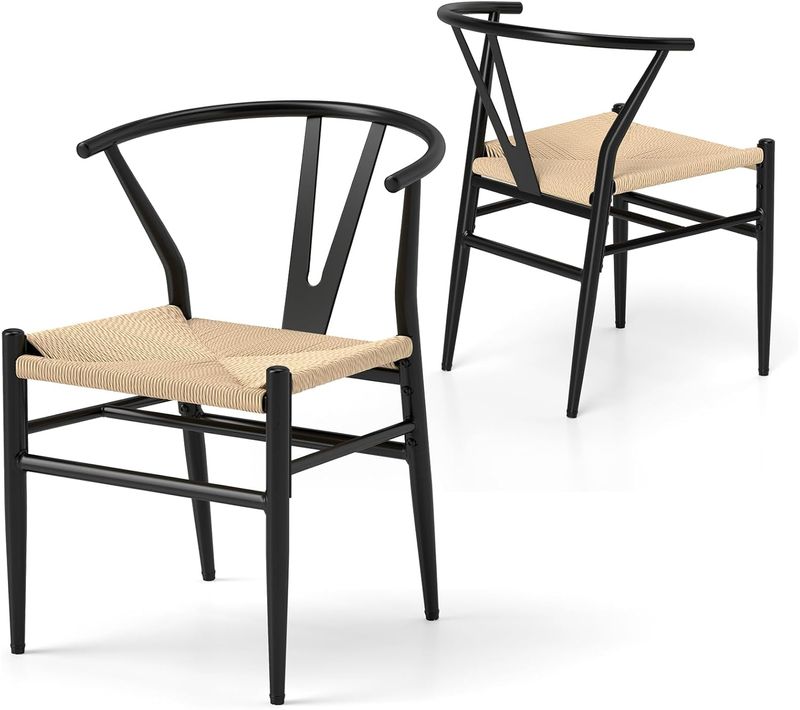 Chaise Wishbone Style Scandinave, Chaises Avec Cadre En Métal, Dossier En Y (noir+naturel,2)