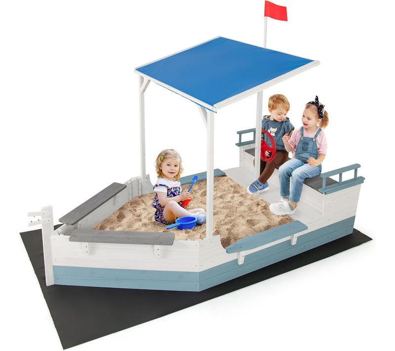 Bac à Sable En Forme Bateau Pirate Avec Toit et Drapeau et Gouvernail, Conception Sans Fond