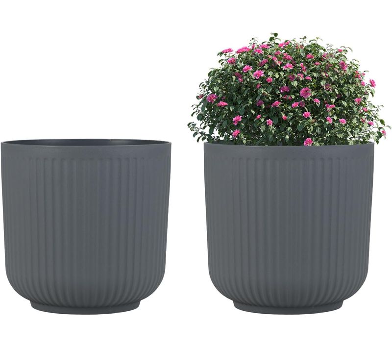 Lot De 2 Pots à Plantes Rondes En Plastique 32 Cm, Jardinières à Rayures (gris)