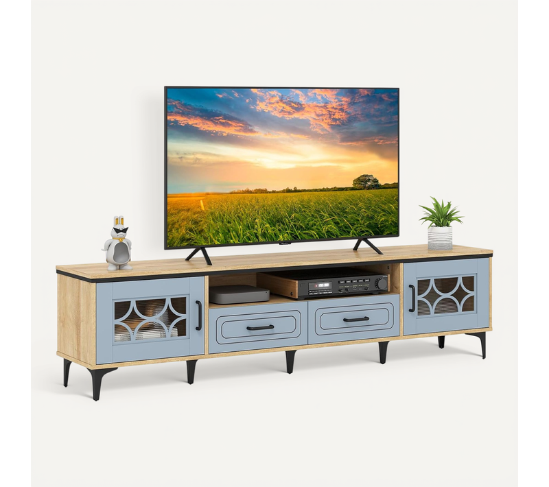 Meuble TV Pour 80", Meuble Tele 180 Cm Avec 2 Tiroirs, 2 Armoires à Porte, Compartiment (bleu)