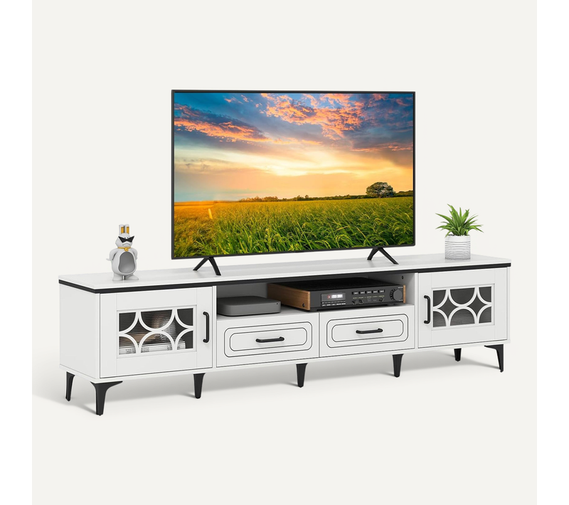 Meuble TV Pour 80", Meuble Tele 180 Cm Avec 2 Tiroirs, 2 Armoires à Porte, Compartiment (blanc)