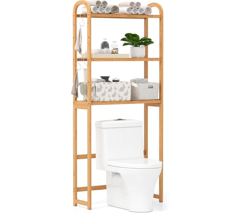 Meuble Wc Au-dessus Des Toilettes En Bambou De Bain à 3 Niveaux, 3 Crochets, Naturel