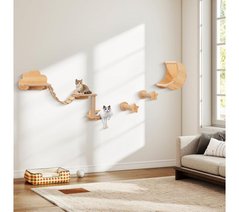 Arbre à Chat Mural En Bois, 6 Pièces Parcours Chat, Hamac En Forme De Lune, Pont, 2 Marches